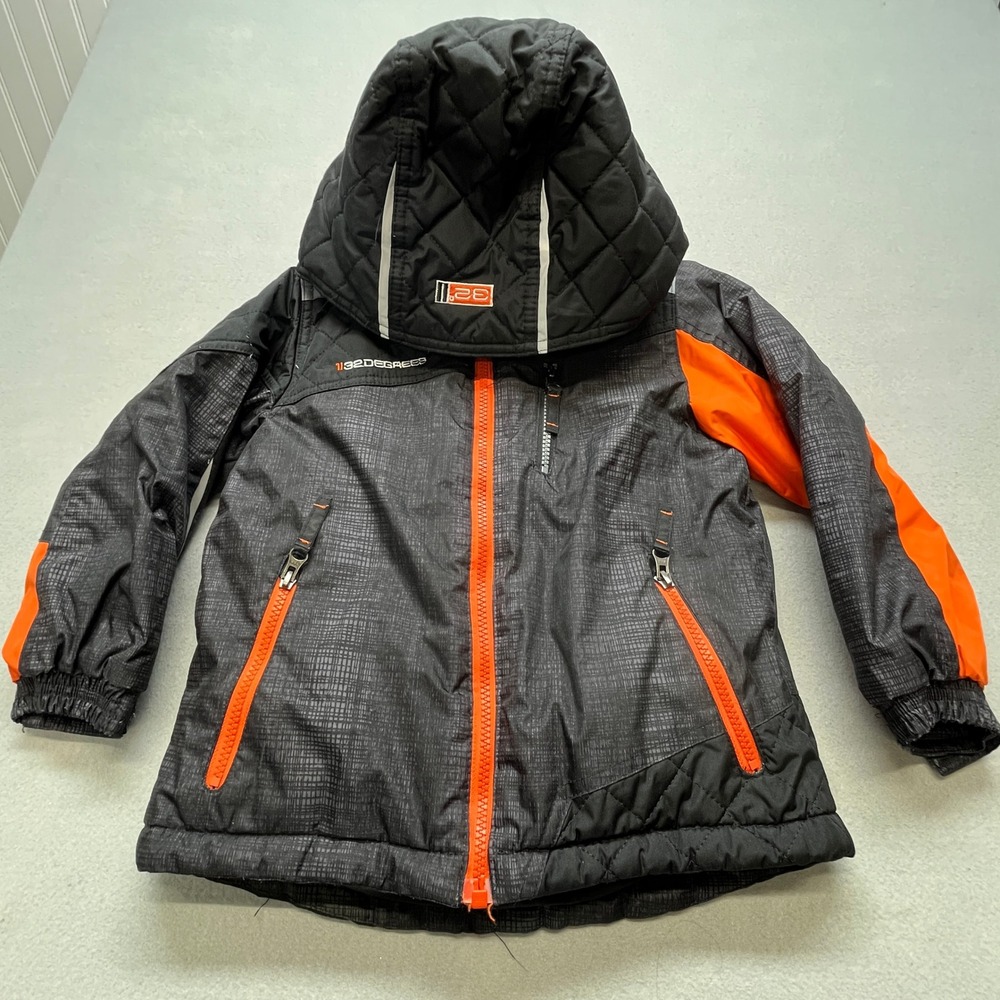 32 Degrees Weatherproof Kids Hooded Puffer Jacket Coat Black Orange Size 5 Ski